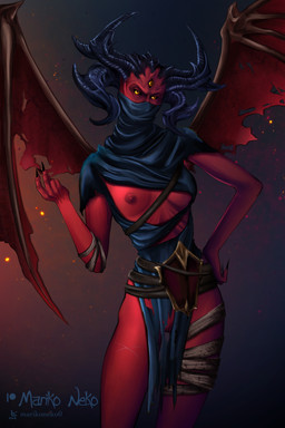 3_eyes barely_visible_genitalia barely_visible_vulva breasts claws clothed clothing female finger_claws front_view genitals hand_on_hip horn membrane_(anatomy) membranous_wings multi_eye nipples not_furry notched_wings one_breast_out partially_clothed red_body red_skin solo torn_clothing vulva wings mariko_neko metal:_hellsinger unknown_(metal:_hellsinger) demon demon_humanoid humanoid winged_humanoid 2023 2:3 absurd_res hi_res portrait three-quarter_portrait