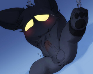 anthro anus balls black_balls black_body black_fur black_penis blush bodily_fluids bound chain chained chained_cuffs cuff_(restraint) erection feet fur genitals half-closed_eyes hands_behind_head hands_tied looking_at_viewer male male_anthro narrowed_eyes neck_tuft nude_anthro nude_male pawpads paws penis perineum restraints short short_anthro short_male simple_background solo spread_legs spreading sweat sweatdrop tuft yellow_eyes young smite_(artist) league_of_legends riot_games tencent veigar yordle 5:4 digital_media_(artwork) hi_res adult_(lore)