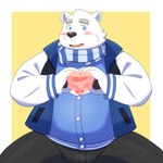 anthro black_nose blue_eyes blush bottomwear clothing heart_symbol humanoid_hands kemono male overweight overweight_male pants scarf simple_background solo sweater topwear yaki_atsuage utau shirane_kan bear mammal polar_bear ursine 1:1 2021 hi_res