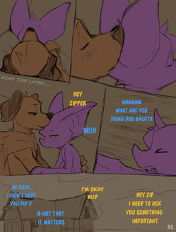 ambiguous_gender anthro big_ears blue_text building cloak clothed clothing comic_panel dialogue duo eyes_closed half-closed_eyes house narrowed_eyes purple_body sleeping sleeping_together text waking_up wings yellow_eyes yellow_text conditional_dnp dacad tyler_(dacad) zipper_(dacad) bat canid canine mammal comic hi_res restricted_palette
