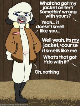 anthro blue_eyes bottomless clothed clothing cotton_tail dialogue female fur jacket jacket_only name_tag offscreen_character open_mouth scent solo text topwear topwear_only white_body white_fur wool_(fur) wool_clothing lupopossum bumper_(lupopossum) emile_(lupopossum) bovid caprine mammal sheep 2025 absurd_res digital_media_(artwork) english_text hi_res