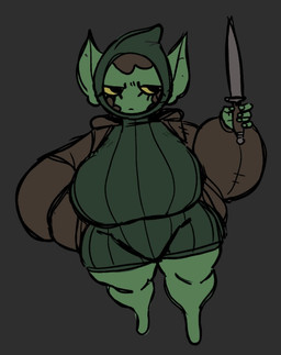 5_fingers barefoot big_breasts big_ears breasts brown_clothing brown_hair brown_jacket brown_topwear clothed clothed_female clothed_humanoid clothing curvy_figure dagger eyelashes feet female female_humanoid fingers front_view green_body green_clothing green_ears green_skin green_sweater green_topwear hair holding_dagger holding_knife holding_melee_weapon holding_object holding_weapon hood hooded_sweater huge_breasts humanoid_pointy_ears jacket knife looking_aside melee_weapon narrowed_eyes noseless not_furry pointy_ears simple_background solo sweater thick_thighs topwear weapon nsfwoaf goblin humanoid 2025 digital_drawing_(artwork) digital_media_(artwork) hi_res