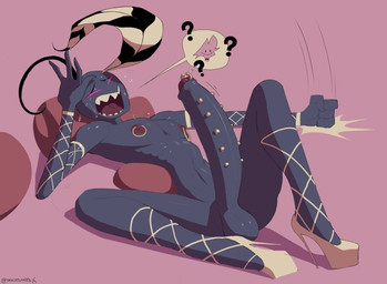 anthro big_penis bodily_fluids clothing crying fishnet_clothing flaming_fist footwear foreskin frenum_ladder frenum_piercing genital_piercing genitals high_heels ladder_piercing lying male nipple_piercing nipples on_back penis penis_piercing piercing pillow pink_eyes prince_albert_piercing sharp_teeth shoes slim solo tears teeth tongue dracreloaded hazbin_hotel hellaverse angel_dust valentino_(hazbin_hotel) arthropod demon insect lepidopteran moth
