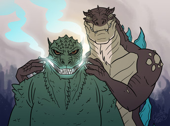 athletic blue_spikes brown_body brown_scales duo eyes_closed fangs feral forced_smile frill_(anatomy) glare green_body green_scales looking_at_viewer male red_eyes scales size_difference slightly_chubby smile smoke spikes spikes_(anatomy) tan_body tan_scales teeth thick_neck galoogamelady godzilla_(series) toho godzilla zilla kaiju lizard reptile scalie 2013 dated dialogue_in_description signature