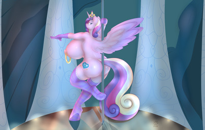 anthro areola big_breasts breasts butt dancing erect_nipples feathered_wings feathers female horn huge_breasts hyper hyper_breasts nipple_piercing nipples piercing pole pole_dancing smile solo wings badgerben friendship_is_magic hasbro my_little_pony mythology princess_cadance_(mlp) equid equine mammal mythological_creature mythological_equine winged_unicorn 2016 absurd_res hi_res