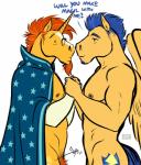anthro anthro_on_anthro anthrofied cape clothing cutie_mark dialogue duo eyewear facial_hair feathered_wings feathers glasses horn male male/male nipples pubes text wings bgn friendship_is_magic hasbro my_little_pony mythology flash_sentry_(mlp) sunburst_(mlp) equid equine mammal mythological_creature mythological_equine pegasus unicorn 2016 english_text