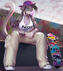 anthro black_body black_fur black_hair blue_eyes bottomwear bubble_gum clothing denim denim_bottomwear denim_clothing electronics female footwear fur hair heart_bracelet heart_ear_piercing heart_necklace jeans listening_to_music pants phone phone_screen purple_cap shoes sitting skateboard sneakers solo spread_legs spreading tail vehicle white_undershirt pakwan008 nine_inch_nails amanda_(smile4amanda) domestic_cat felid feline felis mammal tuxedo_cat