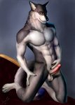 anthro athletic athletic_anthro athletic_male balls bed erection fur furniture genitals grey_body grey_fur hand_on_leg humanoid_genitalia humanoid_penis looking_away male navel nude on_bed pecs penis pose simple_background smile solo standing white_balls white_body white_fur yellow_eyes dimonis kodiakh canid canine canis mammal wolf 2020 digital_media_(artwork) hi_res signature watermark