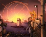 anthro blonde_hair blue_eyes building clothing cloud detailed_background dress female fur hair looking_at_viewer open_mouth orange_body orange_fur outside sky solo sunset tan_dress visark canid canine fox mammal