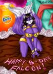 anthro big_breasts biped black_hair black_nose blue_eyes bracelet breasts cake cleavage clothed clothing dessert exclamation_point female food fur hair heart_symbol jewelry kneeling long_hair looking_at_viewer multi_tail purple_hair skimpy smile solo tail text under_boob white_body white_fur wide_hips tatara94 canid canine fox mammal 2015 absurd_res english_text hi_res