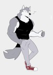 anthro bottomwear clothed clothing footwear male muscular muscular_anthro muscular_male shoes simple_background solo topwear ixkouu canid canine canis mammal wolf 2021 hi_res