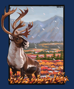 brown_body brown_eyes brown_fur evergreen_tree feral fur huge_antlers looking_aside male mountain mountain_range orange_leaves pine_tree plant quadruped red_leaves snow snowing solo tree tundra white_body white_fur alexpahomov deer mammal new_world_deer reindeer