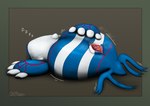 blue_body bodily_fluids border female female_feral feral gaping_vagina genital_fluids genitals lying on_back simple_background sleeping solo sound_effects vaginal_fluids vowelless vowelless_sound_effect vulva zzz orcaxdragon nintendo pokemon generation_3_pokemon kyogre legendary_pokemon pokemon_(species) 2025 digital_media_(artwork) hi_res