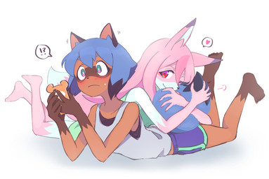 5_fingers 5_toes anthro barefoot black_hair black_nose blue_hair blue_tail_tip blush bodily_fluids bottomwear claws clothed clothing dipstick_ears dipstick_tail dolphin_shorts duo ear_markings electronics feet female female/female female_anthro fingers fluffy fluffy_tail fur gloves_(marking) green_eyes hair heart_symbol holding_object humanoid_feet interrobang kemono leg_markings long_hair lying markings multicolored_body multicolored_ears multicolored_fur multicolored_hair multicolored_tail on_front open_mouth phone pink_eyes pink_hair plantigrade shirt short_hair shorts simple_background socks_(marking) soles sweat sweatdrop tail tail_hug tail_markings tank_top toe_claws toes topwear white_background white_tail_tip h0y0n brand_new_animal studio_trigger michiru_kagemori nazuna_hiwatashi canid canine fox mammal raccoon_dog tanuki 2020 digital_media_(artwork)