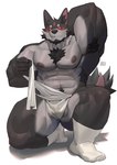 anthro armpit_hair balls barazoku barely_visible_balls barely_visible_genitalia body_hair bulge chest_hair clothed clothing genitals kneeling male muscular muscular_anthro muscular_male nipples pecs red_sclera simple_background solo thick_thighs underwear underwear_only uriex uriex_(character) canid canine canis mammal wolf