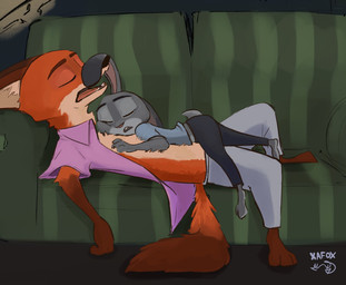 anthro bottomwear clothed clothing cuddling duo female female_anthro fur furniture grey_body grey_fur lying lying_on_another male male/female male_anthro on_front open_clothing open_mouth open_shirt open_topwear orange_body orange_fur pants paws pink_clothing pink_shirt pink_topwear shirt short_tail sleeping sofa tail tan_body tan_fur teeth topwear xafoxart disney zootopia judy_hopps nick_wilde canid canine european_rabbit fox lagomorph leporid mammal oryctolagus rabbit red_fox true_fox hi_res