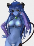 armwear asian_clothing black_sclera blue_body blue_hair blue_skin breasts clothed clothing ear_piercing east_asian_clothing elbow_gloves fangs female gloves hair handwear horn humanoid_pointy_ears japanese_clothing maebari not_furry piercing pointy_ears skimpy solo teeth yellow_eyes unknown_artist shinrabanshou astaroth demon 3:4