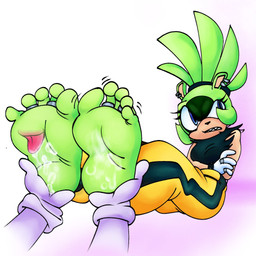 5_toes annoyed anthro barefoot blue_eyes bodily_fluids bottomwear clothing crossed_arms digit_ring disembodied_hand disembodied_tongue duo ear_piercing feet feet_jewelry female female_focus foot_fetish foot_focus foot_lick gloves green_hair hair handwear humanoid_feet jewelry licking pants piercing plantigrade ring saliva saliva_on_foot sharp_teeth shirt soles solo_focus teeth toe_ring toes tongue topknot topwear torn_clothing torn_shirt torn_topwear white_clothing white_gloves white_handwear ac34dude idw_publishing sega sonic_the_hedgehog_(comics) sonic_the_hedgehog_(idw) sonic_the_hedgehog_(series) surge_the_tenrec afrosoricid mammal tenrec 1:1 hi_res