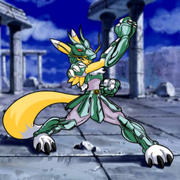 ambiguous_gender anthro armor armwear black_sclera blue_eyes blurred_background cloth_(saint_seiya) clothing countershading dipstick_tail facial_markings fur gauntlets gloves green_armor handwear head_markings markings neck_tuft ruins solo tail tail_markings tuft white_body white_countershading yellow_body yellow_fur gurudj bandai_namco digimon saint_seiya dragon_shiryu canid digimon_(species) mammal renamon 1:1