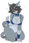 anthro apron bow_ribbon bra brown_eyes chest_tuft clothing dipstick_tail eyewear female fur glasses gloves_(marking) grey_body grey_fur grey_hair hair kneeling looking_at_viewer maid_uniform markings multicolored_tail paw_pose pose simple_background smile smiling_at_viewer solo sparkles striped_markings striped_tail stripes tail tail_markings thick_thighs tuft underwear uniform whiskers white_background wide_hips ashiji mice_tea felicia_banks domestic_cat felid feline felis mammal hi_res trans_(lore) trans_woman_(lore)