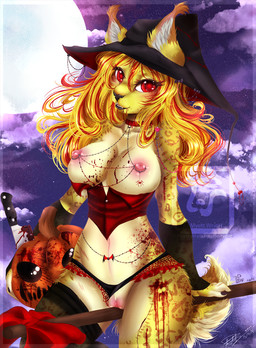 anthro areola arm_warmers armwear biped blonde_hair blood bodily_fluids breasts clothed clothing clothing_aside collar fangs female food fruit genitals hair half-closed_eyes hat headgear headwear inner_ear_fluff jack-o'-lantern knife legwear linked_nipples looking_at_viewer multicolored_hair narrowed_eyes navel nipple_chain nipple_piercing nipple_to_collar nipples open_mouth outside panties panties_aside piercing plant pumpkin sitting smile solo spots teeth thigh_highs tuft two_tone_hair underwear underwear_aside vulva witch_hat myett-wrath felid feline lynx mammal vampire hi_res