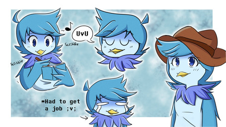 anthro beak blue_eyes blue_hair bodily_fluids book clothed clothing cowboy_hat crying drawing_(action) female hair hat headgear headwear neck_tuft pencil_(object) singing solo tears tuft wings nekoboyeh undertale undertale_(series) undertale_yellow martlet_(undertale_yellow) avian bird 16:9 hi_res widescreen