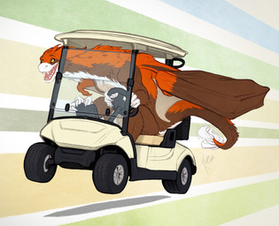 abstract_background anthro brown_body brown_fur brown_wings driving fangs fur golf_cart male membrane_(anatomy) membranous_wings nude open_mouth open_smile orange_body orange_fur smile solo tail tail_tuft teeth tuft white_body white_fur wings yellow_eyes khyaber mythology econeiric dragon furred_dragon furred_scalie mythological_creature mythological_scalie scalie hi_res