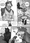 2015 abs anthro balls black_body black_fur black_nose bodily_fluids bottomless canid canine canis cheek_tuft chest_tuft chin_tuft circumcised clothed clothing comic dialogue duo ears_up english_text erection facial_tuft fangs footwear fur genitals grey_body grey_fur greyscale happy hi_res humanoid_genitalia humanoid_penis imminent_oral imminent_sex inner_ear_fluff kemono legwear male male/male mammal maririn monochrome muscular neck_tuft nervous nipples nude open_mouth pecs penis penis_in_face sharp_teeth shirt smile socks speech_bubble sweat teeth text tongue tongue_out topwear translated tuft undressing vein veiny_penis white_body white_fur wolf