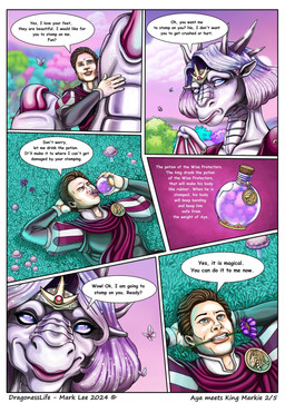 anthro aya_(markie) border bottle claws container dialogue drinking duo feet female flower foot_fetish forest forest_background fungus grass horn hug larger_anthro larger_female male mushroom nature nature_background plant potion rock size_difference smaller_human smaller_male smile tail text toes tree white_border wings markie mythology markie_(character) arthropod butterfly dragon human humanoid insect lepidopteran mammal mythological_creature mythological_scalie scalie comic english_text hi_res