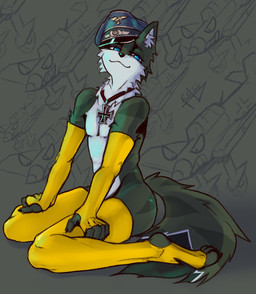 5_fingers aircraft airplane anthro aryan black_nose blue_eyes clothing cross femboy fingerless_gloves fingers fur gloves green_body green_fur grey_background handwear hat headgear headwear inner_ear_fluff iron_cross kneeling legwear looking_at_viewer luftwaffe male medal military_medal nazi simple_background smug solo striped_body stripes thigh_highs tuft vehicle white_body white_fur yellow_clothing yellow_gloves yellow_handwear yellow_legwear fanteliscio ju-87_stuka junkers_flugzeug_und_motorenwerke_ag canid canine fox mammal hi_res