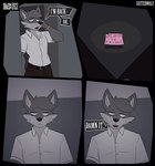 anthro biped black_nose clock clothed clothing dialogue eyebrows frown fur grey_body grey_fur looking_aside male mouth_closed open_mouth solo speech_bubble standing teeth text watch wristwatch suitedwolfie k_(suitedwolfie) canid canine canis mammal wolf comic english_text hi_res