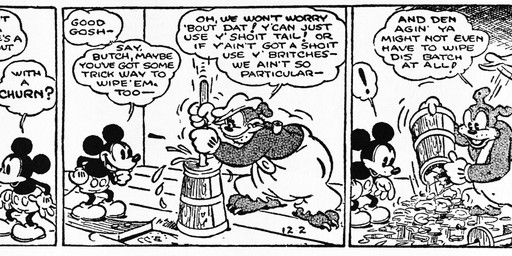 anthro bottomwear butter_churn clothed clothing dialogue dishes duo exclamation_point feet fingers footwear fur furniture gloves handwear hat headgear headwear inside male motion_lines smoking smoking_pipe table text water wet earl_duvall floyd_gottfredson disney butch_(mickey_mouse) mickey_mouse bulldog canid canine canis domestic_dog mammal mastiff molosser 1930 20th_century absurd_res ancient_art black_and_white comic dated english_text hi_res long_image monochrome wide_image