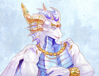 anthro blue_chest blue_eyes bracelet chain_necklace claws clothing frill_(anatomy) gem gold_(metal) gold_jewelry headgear headwear horn horn_jewelry jewelry jewelry_only male membrane_(anatomy) membranous_frill membranous_wings muscular necklace open_mouth scales simple_background smile solo teeth white_body white_scales wings wanderertamplior european_mythology mythology aether_(cool534) dragon mythological_creature mythological_scalie scalie western_dragon colored digital_drawing_(artwork) digital_media_(artwork) hi_res portrait sketch