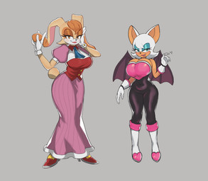 anthro big_breasts big_ears bodysuit boots breasts clothing dress duo female floppy_ears footwear gloves handwear head_tuft lipstick long_ears lop_ears makeup shoes skinsuit tail tight_clothing tuft pengan sega sonic_the_hedgehog_(series) rouge_the_bat vanilla_the_rabbit bat humanoid lagomorph leporid mammal rabbit hi_res