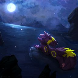 big_ears brown_body brown_fur brown_hair claws detailed_background female feral fluffy fluffy_tail fur fur_markings hair looking_up lying markings moon on_front pawpads purple_eyes solo tail water yellow_body yellow_fur joeumbre nintendo pokemon fan_character rita_(joeumbre) eeveelution generation_2_pokemon pokemon_(species) umbreon hi_res
