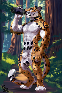 animal_genitalia anthro balls bottle casual_nudity claws container drinking fingers fur genitals male muscular nude plant sheath spots standing omez felid jaguar mammal pantherine