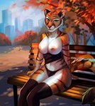 anthro areola bench black_stripes breasts casual_exposure clothed clothing day detailed_background female fur green_eyes nipples orange_body orange_fur outside partially_clothed public public_nudity sitting sky smile solo striped_body striped_fur stripes felicia_cat tyla_cooke felid mammal pantherine tiger 2022 digital_media_(artwork) hi_res