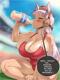 animal_ears big_breasts biped blurred_background blush bodily_fluids breasts clothed clothed_female clothed_humanoid clothing cum cum_in_mouth cum_inside dialogue drinking drinking_cum eyebrows eyes_closed female female_humanoid fingers genital_fluids glistening glistening_body hair headgear headwear holding_object huge_breasts long_hair outside red_clothing sitting solo speech_bubble sweat text thick_thighs three-quarter_view negullust cygames uma_musume_pretty_derby gold_ship_(pretty_derby) animal_humanoid equid equid_humanoid equine equine_humanoid horse_humanoid humanoid mammal mammal_humanoid english_text hi_res