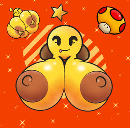 areola areola_slip bedroom_eyes big_breasts black_eyes breast_squish breasts brown_areola brown_clothing brown_footwear brown_nipples brown_shoes clothing eyelashes female footwear fungus glistening glistening_breasts gold_bikini_top huge_breasts hyper hyper_breasts looking_at_viewer mega_mushroom mushroom narrowed_eyes nipple_outline nipples not_furry orange_background pink_tongue seductive shoes simple_background smile solo squish tongue tongue_out yellow_body yellow_breasts eldibujador501 golden_week mario_and_luigi_(series) mario_bros nintendo starlow star_sprite waddling_head hi_res