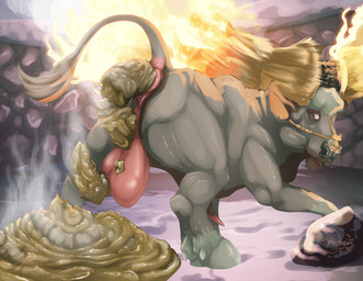 anus balls excessive_feces feces feces_in_ass feces_on_ground feces_pile feral genitals male male_pooping outside penis pooping pooping_outside quadruped solo steaming_feces halapmir fromsoftware sekiro:_shadows_die_twice blazing_bull bovid bovine cattle mammal absurd_res hi_res