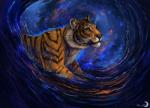 amber_eyes ambiguous_gender cosmic detailed_background feral fur pink_nose solo striped_body striped_fur stripes tan_body tan_fur water whiskers flashw felid mammal pantherine tiger digital_media_(artwork) digital_painting_(artwork) painting_(artwork)