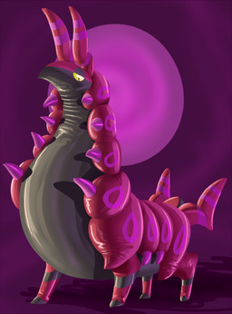 abstract_background ambiguous_gender antennae_(anatomy) bedroom_eyes black_underbelly feral glistening glistening_body latex looking_at_viewer looking_down narrowed_eyes seductive solo striped_antennae stripes yellow_eyes yellow_sclera malevolified nintendo pokemon generation_5_pokemon latex_creature pokemon_(species) scolipede 2018 hi_res