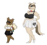 anthro big_breasts blue_eyes bottomwear breasts brown_body brown_eyes claws clothing collar duo female generation_3_pokemon heart_symbol hi_res linoone nintendo pokeball pokemon pokemon_(species) shirt simple_background skirt star tail tongue tongue_out topwear urusee584 white_background zigzagoon