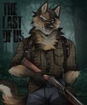 5_fingers alternate_species anthro blood blood_on_clothing blue_eyes blurred_background bodily_fluids bottomwear brown_body brown_fur canid canine canis claws clock clothed clothing detailed_background digital_media_(artwork) english_text finger_claws fingers flannel fluffy fluffy_tail forest front_view fur furrification grey_eyes gun hi_res holding_gun holding_object holding_ranged_weapon holding_weapon joel_(tlou) kercia looking_at_viewer male mammal mild_blood narrowed_eyes naughty_dog outside pants plant portrait ranged_weapon scar shirt shotgun simple_background smile smiling_at_viewer smirk smirking_at_viewer solo sony_corporation sony_interactive_entertainment tail teeth text the_last_of_us three-quarter_portrait topwear tree watch weapon wolf wristwatch