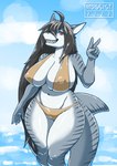 anthro beach big_breasts blue_body blue_skin breasts clothing female hair huge_breasts mature_female nipple_outline nipples non-mammal_breasts non-mammal_nipples puppy_shark seaside shark_tail swimwear mossist fish marine shark 2022 absurd_res digital_media_(artwork) hi_res