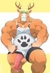 animal_genitalia animal_penis anthro antlers balls balls_through_leghole big_muscles big_pecs big_penis blonde_hair blue_eyes bodily_fluids brown_body brown_fur clothing cum cum_on_own_penis cum_on_penis cum_on_self dripping equine_genitalia equine_penis footprint fur genital_fluids genitals hair half-erect horn looking_at_viewer male medial_ring musclegut muscular muscular_anthro muscular_arms muscular_male nipples orange_balls pawprint pawprint_clothing pecs penis penis_poking_out penis_through_leghole pink_nipples pink_penis precum precum_drip precum_on_own_penis precum_on_penis simple_background smile smiling_at_viewer solo topwear wrestling_singlet tylerstark cornel_(allesok) cervine deer mammal red_deer absurd_res hi_res