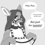 angry anthro bell big_breasts breasts collar dark_eyes female hair harness holidays jingle_bell long_hair looking_at_viewer mouthpiece reins speech_bubble text noxu christmas deer_(noxu) deer mammal 1:1 2024 english_text hi_res monochrome