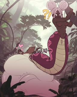 anthro apode belly big_belly brown_body brown_skin duo female female_prey forest genitals hair huge_belly legless nipples outside pink_hair plant serpentine split_form tree unbirthing vaginal vore vulva jessicarae stacy_(random-bard) draconcopode lamia mammal mustelid musteline reptile scalie snake stoat true_musteline weasel 2025