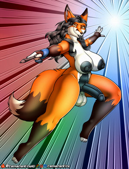anthro balls black_nipples black_penis breasts dark_nipples dark_penis digital_pen drawing_glove genitals gynomorph intersex nipples penis pubes solo vein veiny_penis palmarianfire palmarian canid canine fox mammal hi_res