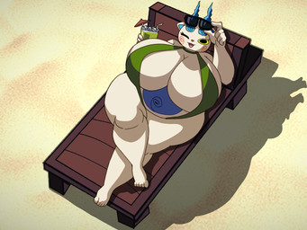 anthro beach beach_chair belly beverage big_breasts bikini bird's-eye_view blue_belly blue_fire breasts clothing colored_fire crossgender detailed_background eyelashes eyewear eyewear_on_head female fire green_bikini green_clothing green_eyes green_swimwear high-angle_view huge_breasts markings navel one-piece_swimsuit one_eye_closed open_mouth overweight overweight_female sand shadow sling_bikini solo sunglasses sunglasses_on_head swimwear thick_thighs two-piece_swimsuit umbrella_drink wearing_sunglasses white_body lueduar asian_mythology east_asian_mythology japanese_mythology level-5 mythology yo-kai_watch komasan canid canine foo_dog komainu mammal spirit yokai 4:3 hi_res